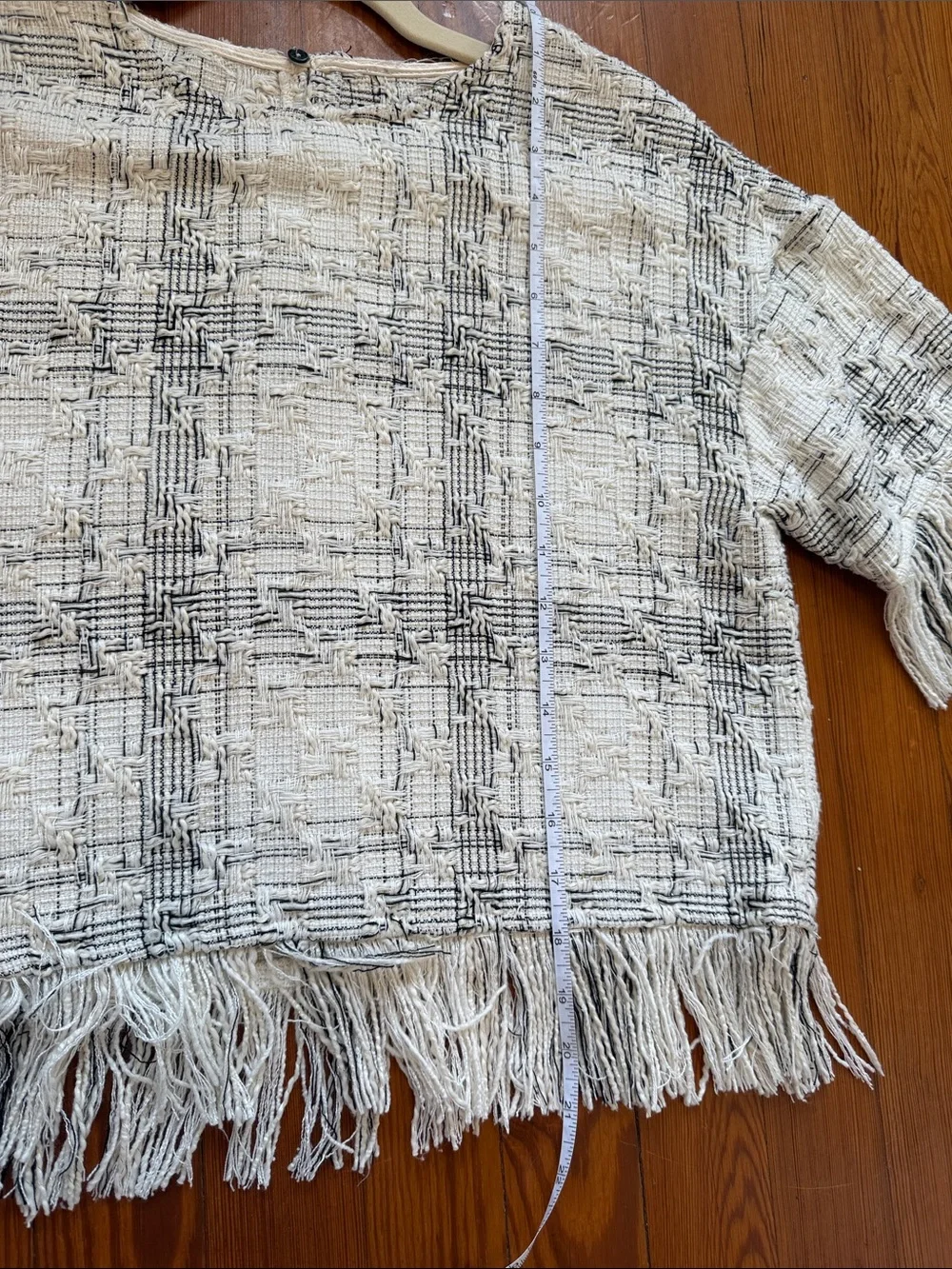 Cream and Black Fringed Plaid Tweed Textured Top